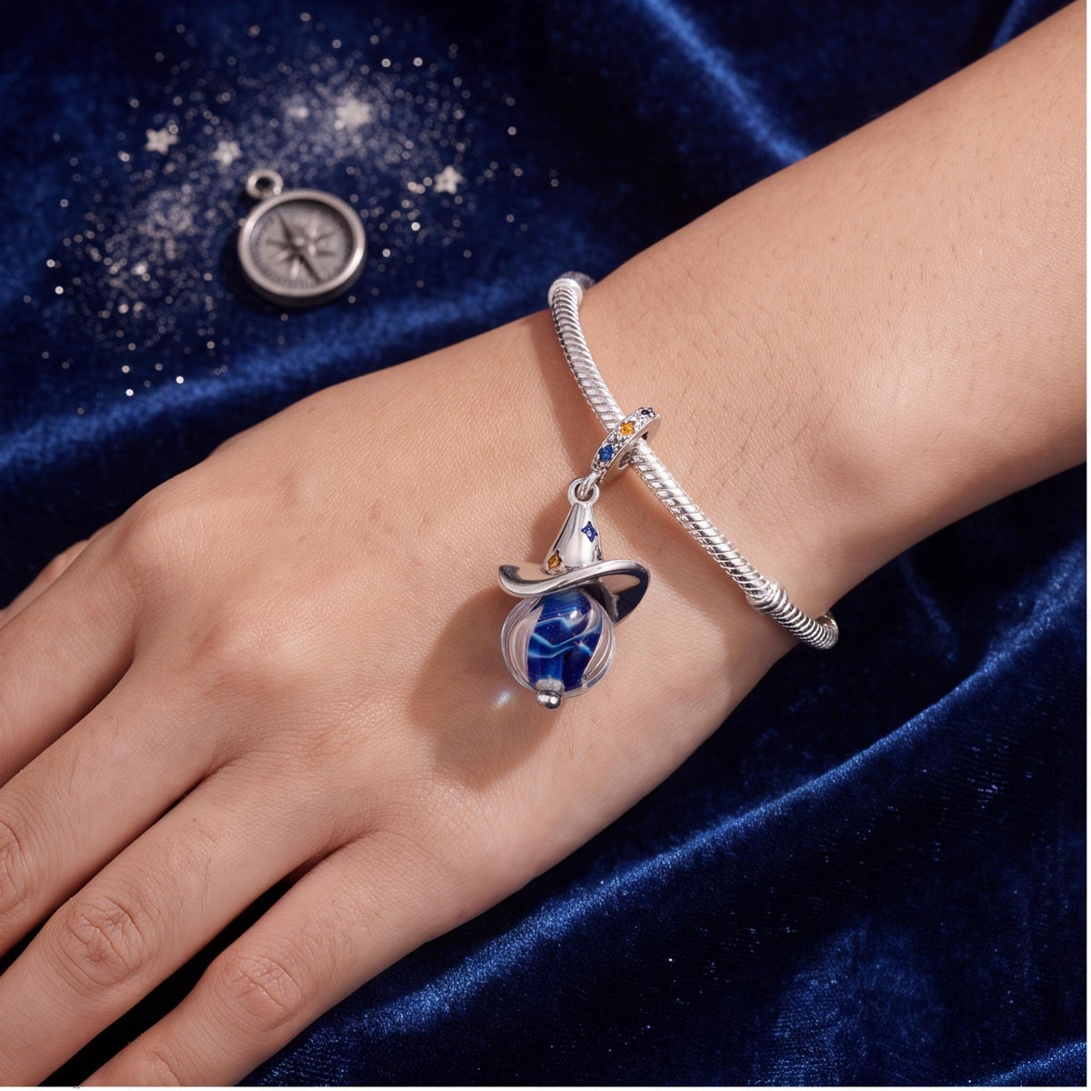 Wizard Hat Orb Charm on a silver charm bracelet