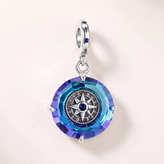 Compass Rose Charm in 925 sterling silver with sparkling stones, fits European-style charm bracelets