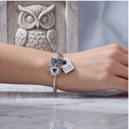 Owl Reading Book Charm worn on a charm bracelet