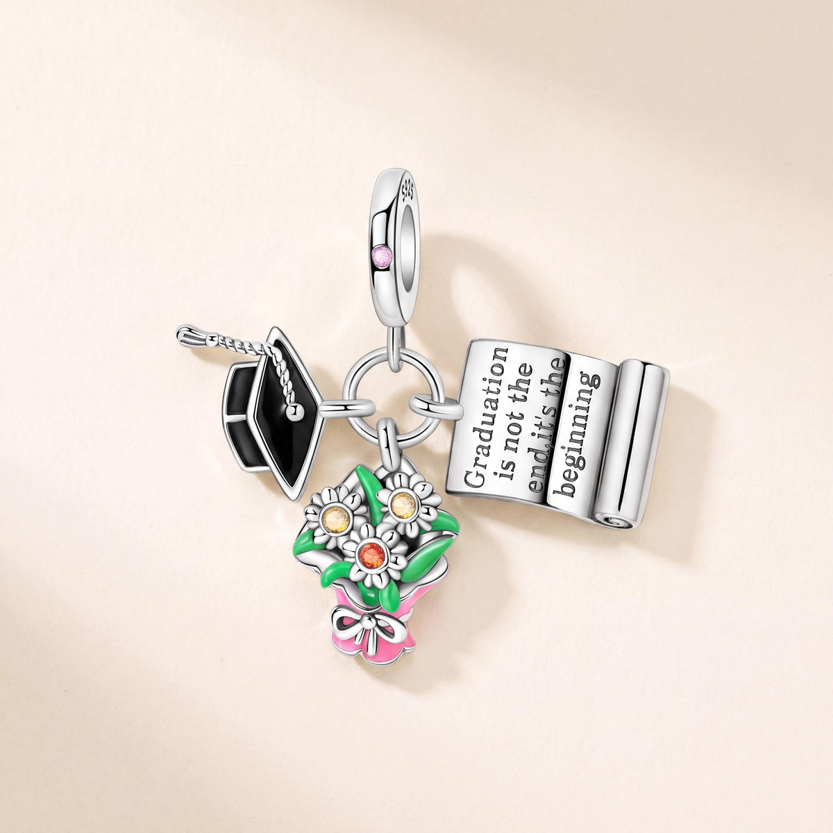 Graduation Dangle Charm in 925 sterling silver with enamel and sparkling stones, fits European-style charm bracelets