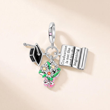 Graduation Dangle Charm in 925 sterling silver with enamel and sparkling stones, fits European-style charm bracelets