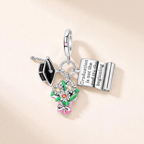 Graduation Dangle Charm in 925 sterling silver with enamel and sparkling stones, fits European-style charm bracelets