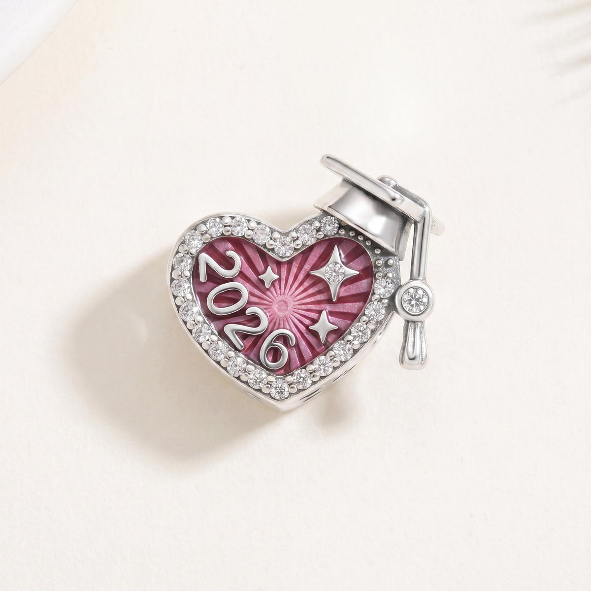 2026 Graduation Charm in 925 sterling silver with pink and red enamel and sparkling stones
