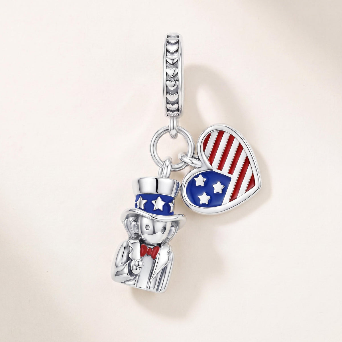 American Flag Dangle in 925 sterling silver with red and white enamel, fits European-style charm bracelets