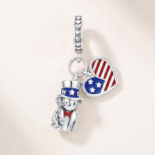 American Flag Dangle in 925 sterling silver with red and white enamel, fits European-style charm bracelets