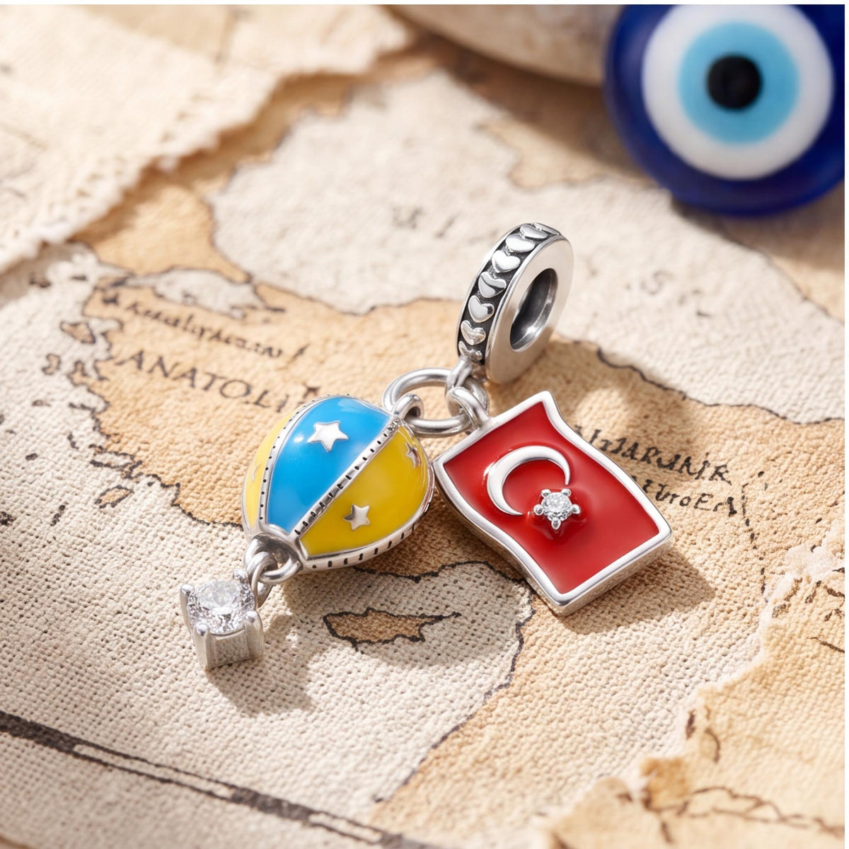 Turkey Hot Air Balloon Dangle on a silver charm bracelet