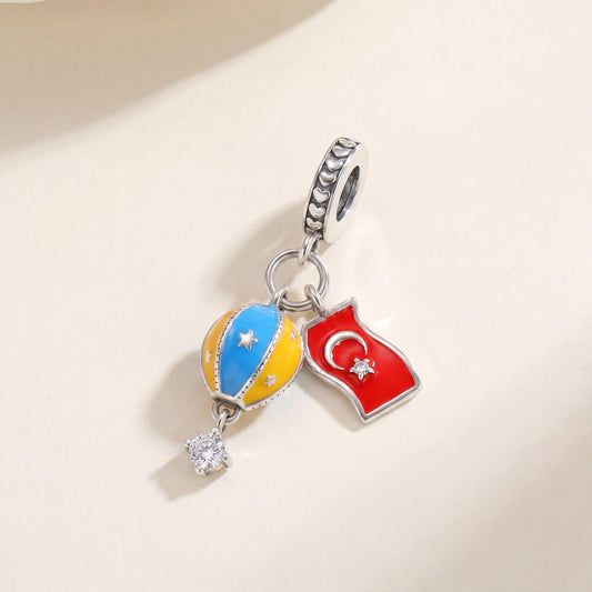 Turkey Hot Air Balloon Dangle in 925 sterling silver with enamel and sparkling stones, fits European-style charm bracelets