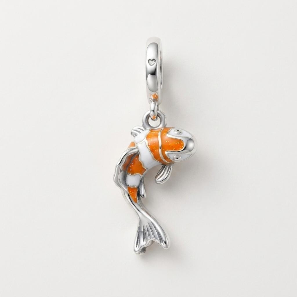 Koi Fish Dangle Charm in 925 sterling silver with orange and white enamel, fits European-style charm bracelets