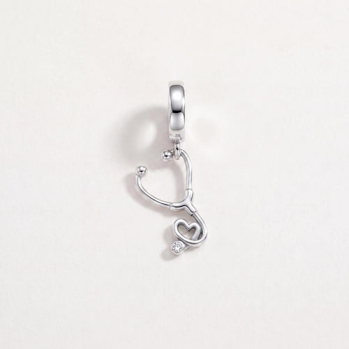 Stethoscope Heart Dangle in 925 sterling silver with sparkling stones, fits European-style charm bracelets