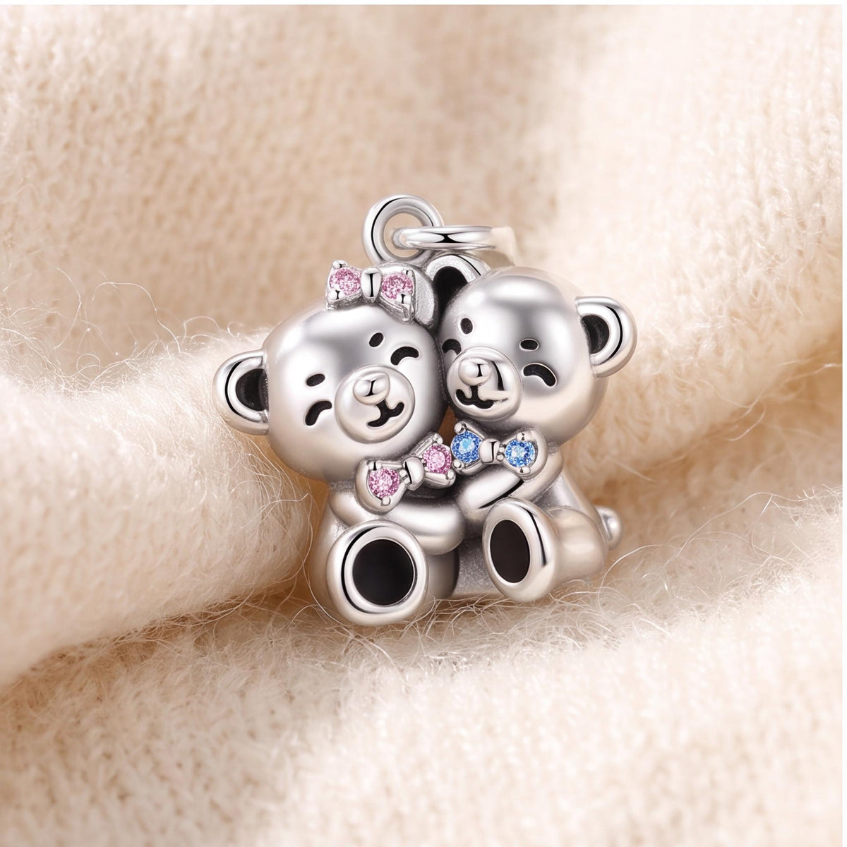 Teddy Bear Couple Charm on a silver charm bracelet