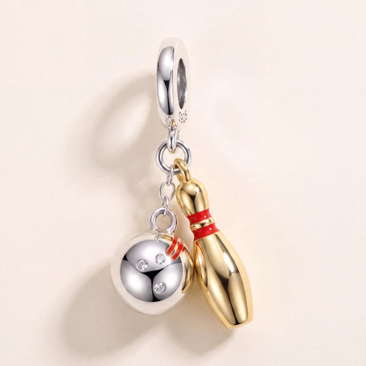 Bowling Dangle Charm in 925 sterling silver with gold and red enamel and sparkling stones