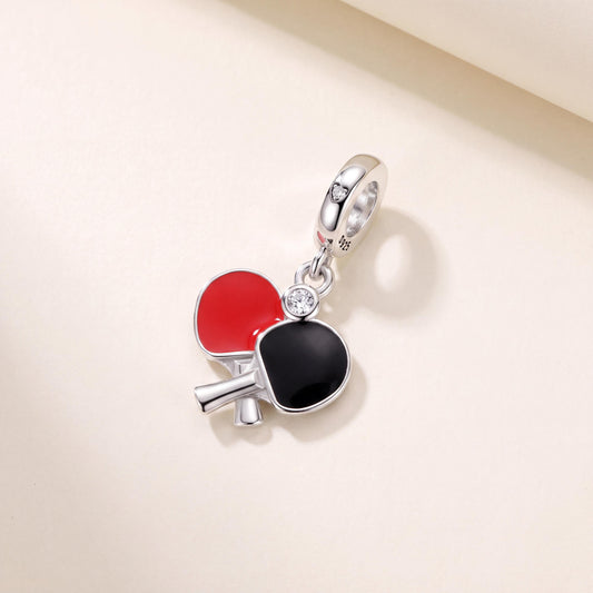 Table Tennis Charm in 925 sterling silver with red and black enamel and sparkling stones, fits European-style charm bracelets