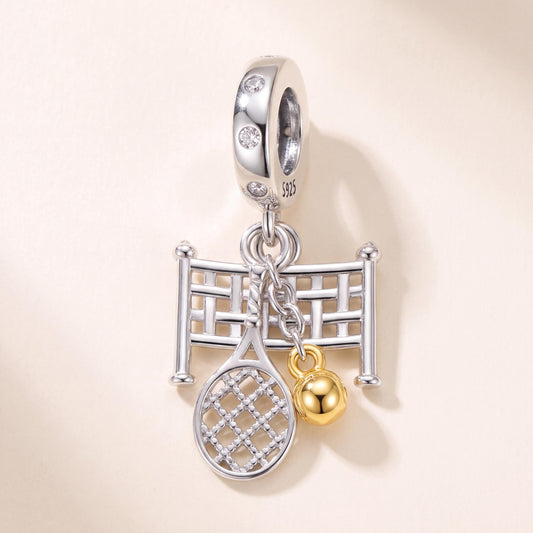 Tennis Racket Gold Ball Dangle in 925 sterling silver with sparkling stones, fits European-style charm bracelets