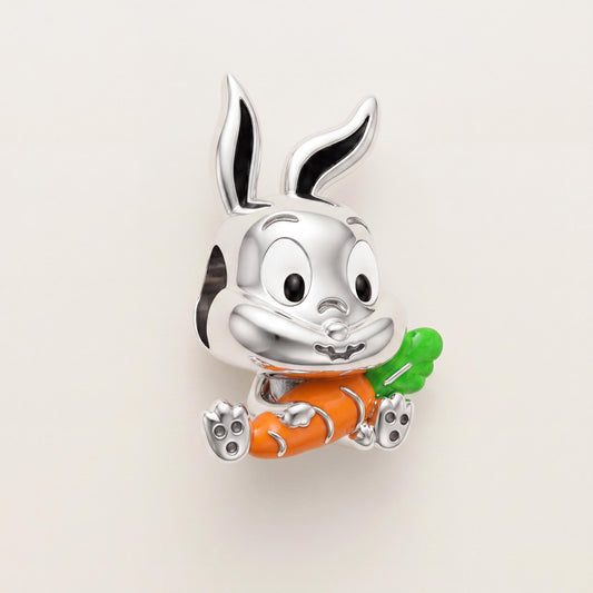 Bunny Carrot Charm in 925 sterling silver with orange and green enamel, fits European-style charm bracelets