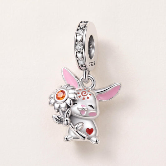 Bunny Daisy Flower Dangle in 925 sterling silver with pink and red enamel and sparkling stones