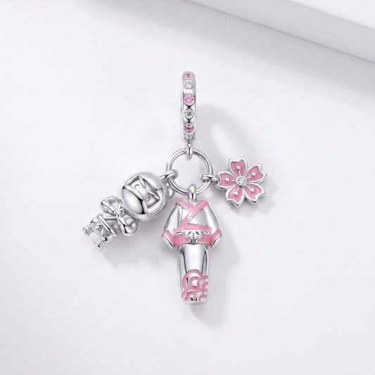 Japanese Kimono Dangle in 925 sterling silver with pink enamel and sparkling stones, fits European-style charm bracelets