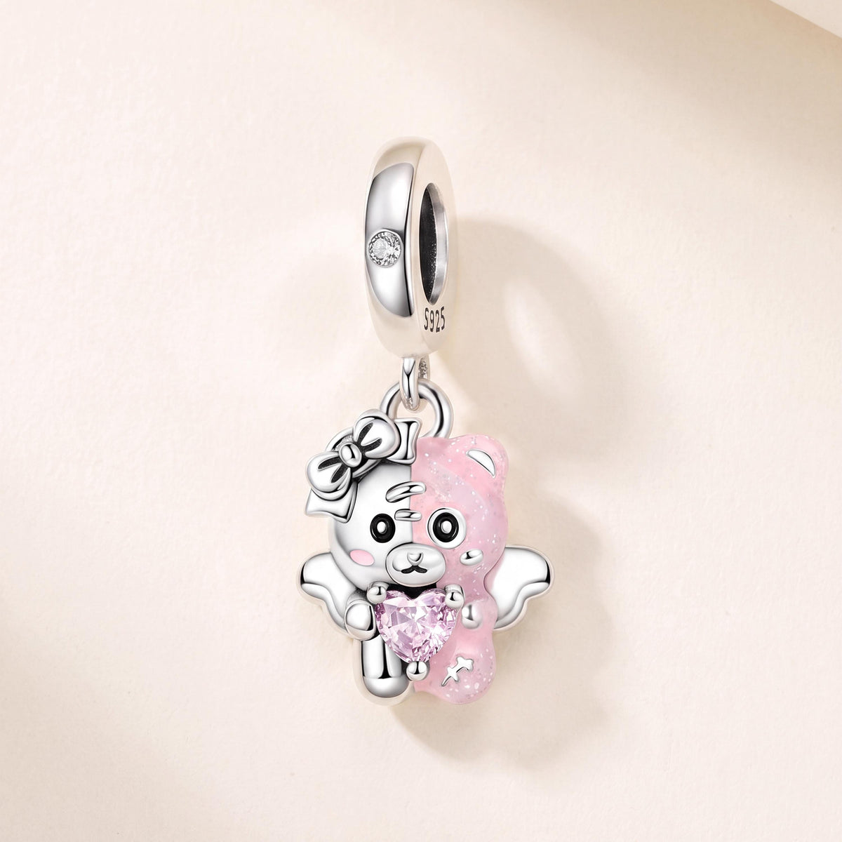 Angel Bear Charm in 925 sterling silver with pink enamel and sparkling stones, fits European-style charm bracelets