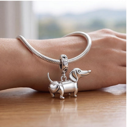 Dachshund Heart Charm on a bracelet with other charms
