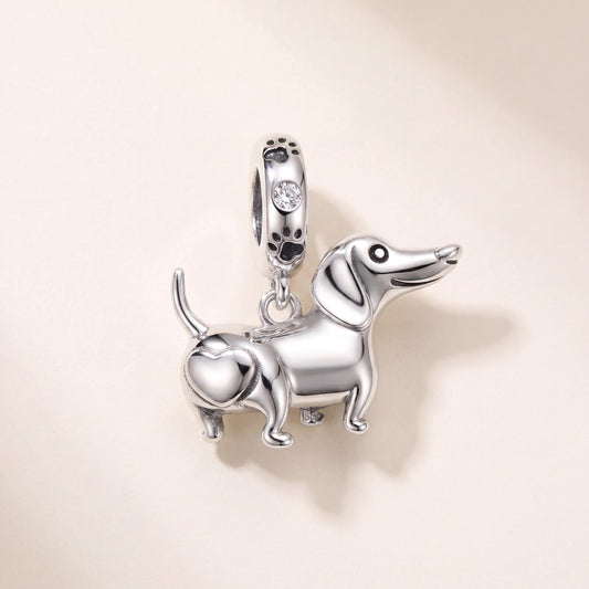 Dachshund Heart Charm in 925 sterling silver with red and black enamel and sparkling stones