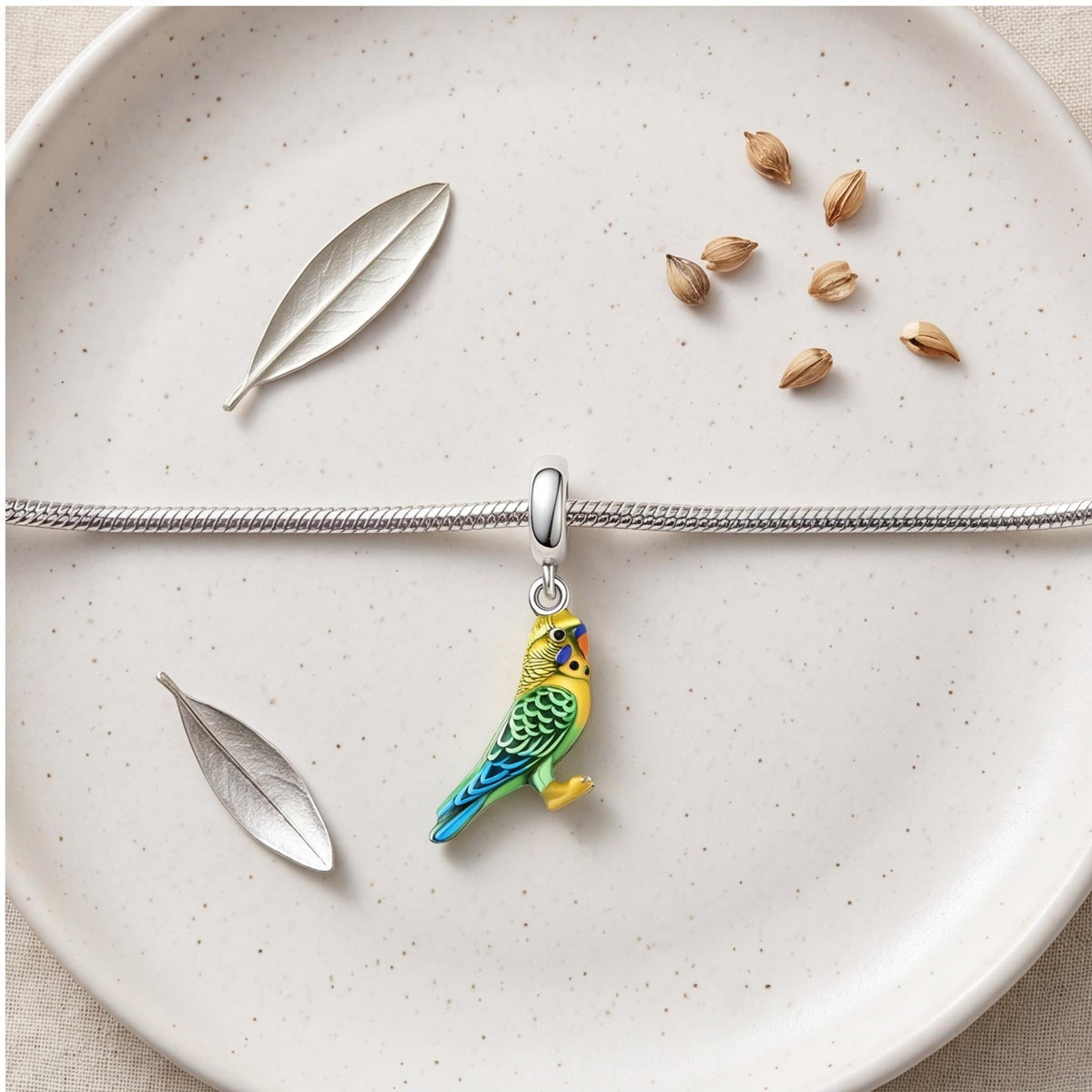 Budgerigar Dangle on a bracelet with other charms