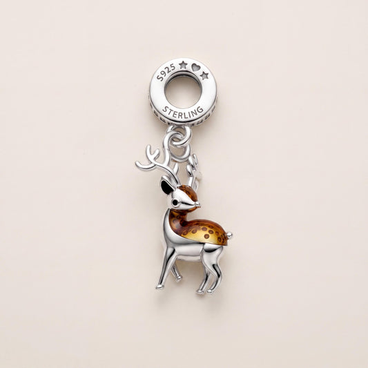 Reindeer Dangle Charm in 925 sterling silver with pink and black enamel, fits European-style charm bracelets