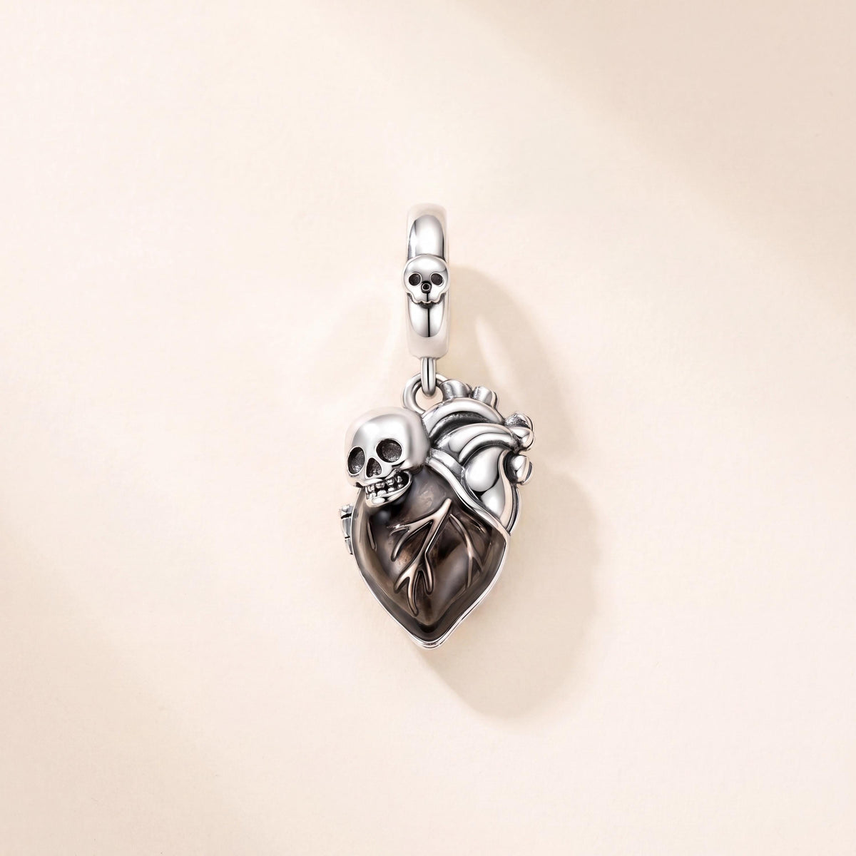Skull Heart Dangle in 925 sterling silver with sparkling stones, fits European-style charm bracelets