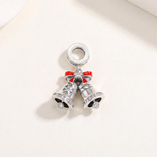 Christmas Bells Charm in 925 sterling silver with red enamel and sparkling stones, fits European-style charm bracelets