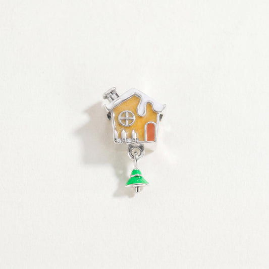 Gingerbread House Charm in 925 sterling silver with brown and white enamel, fits European-style charm bracelets