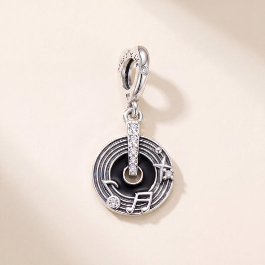 Vinyl Record Dangle in 925 sterling silver with black enamel and sparkling stones, fits European-style charm bracelets