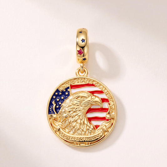 American Eagle Coin Dangle in 925 sterling silver with gold enamel and sparkling stones, fits European-style charm bracelets