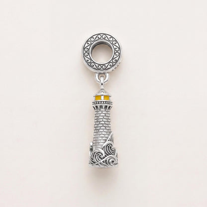 Lighthouse Dangle Charm in 925 sterling silver with yellow enamel and sparkling stones, fits European-style charm bracelets