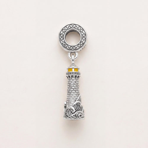 Lighthouse Dangle Charm in 925 sterling silver with yellow enamel and sparkling stones, fits European-style charm bracelets