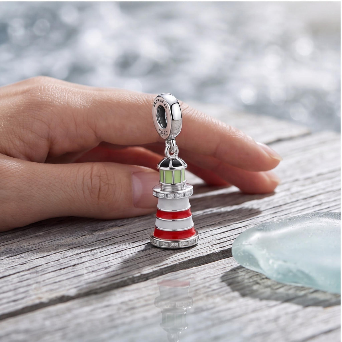 Red Enamel Lighthouse Dangle, sterling silver dangle charm, photo 8