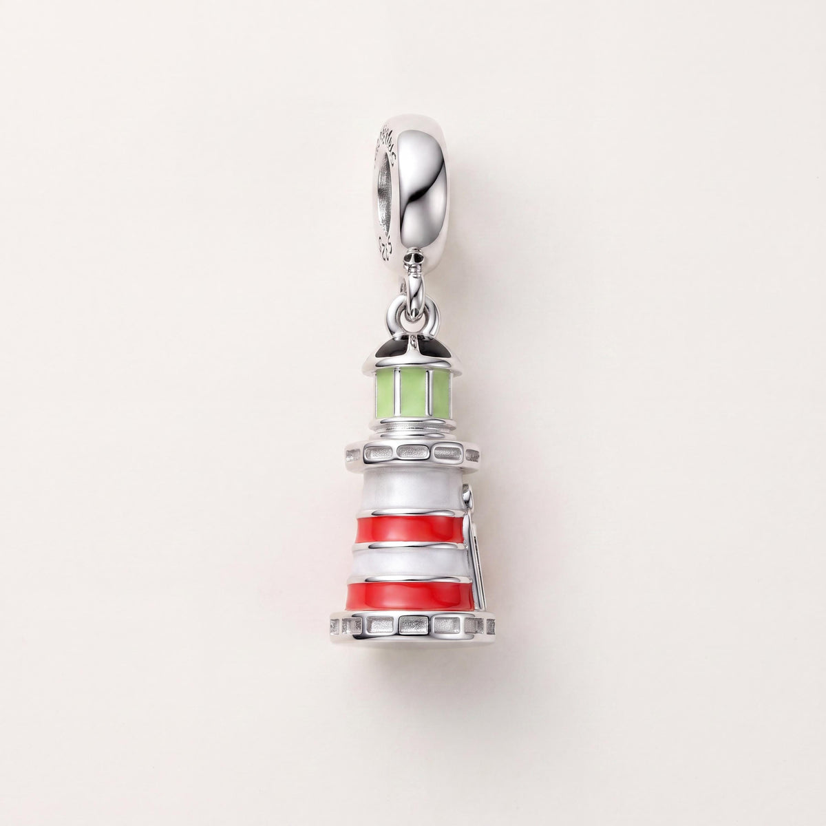 Red Enamel Lighthouse Dangle in 925 sterling silver with enamel and sparkling stones, fits European-style charm bracelets