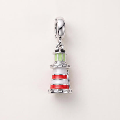 Red Enamel Lighthouse Dangle in 925 sterling silver with enamel and sparkling stones, fits European-style charm bracelets