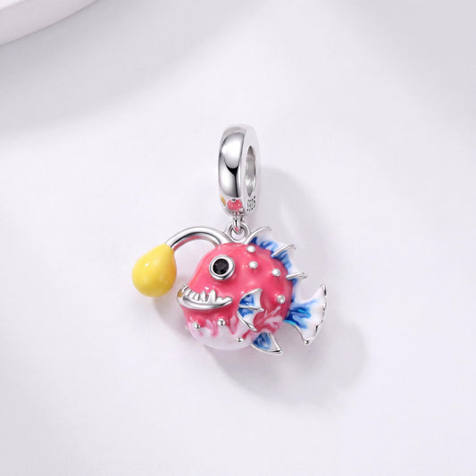 Anglerfish Dangle Charm in 925 sterling silver with enamel and sparkling stones, fits European-style charm bracelets