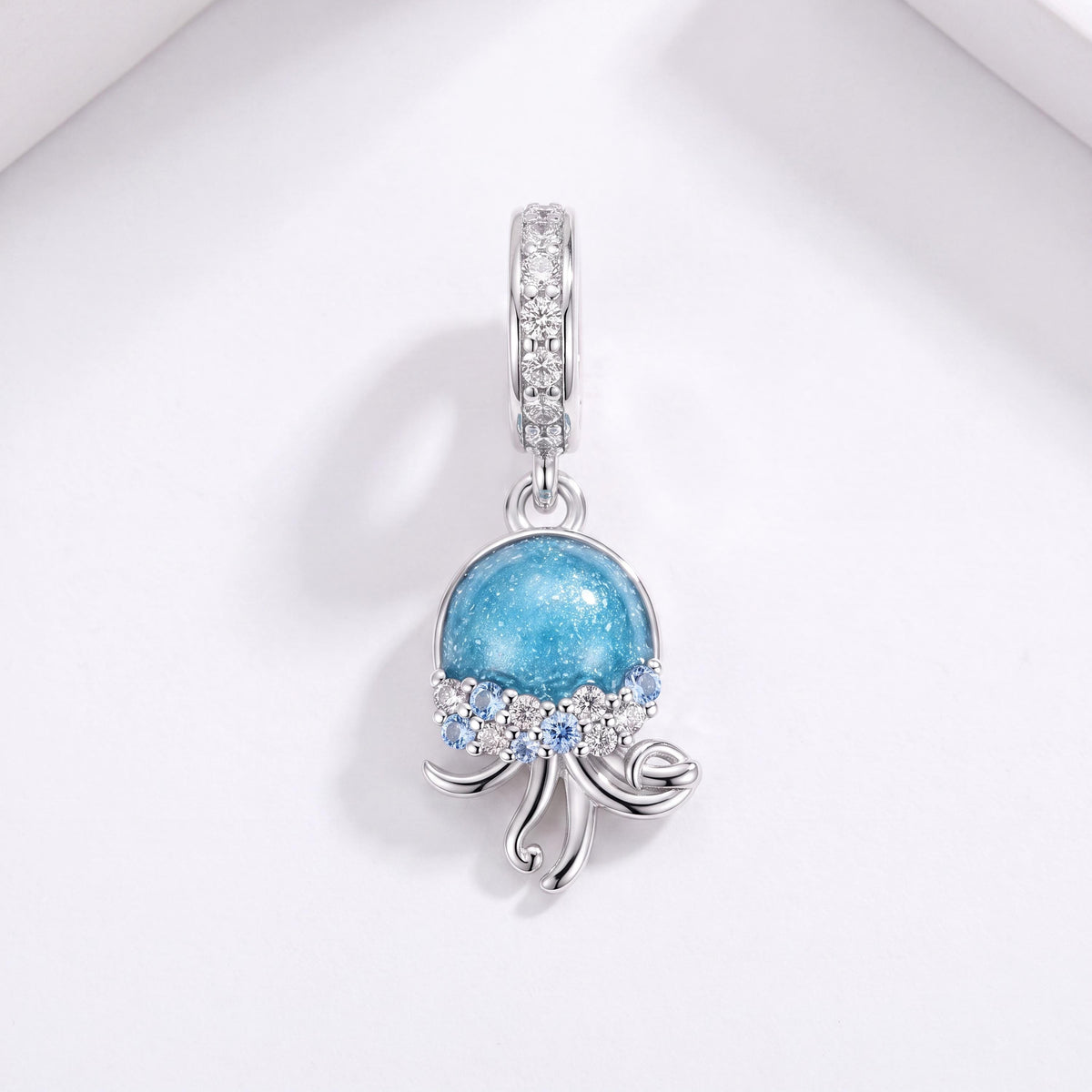 Jellyfish Dangle Charm in 925 sterling silver with blue enamel and sparkling stones, fits European-style charm bracelets