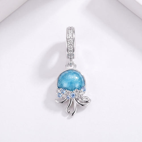 Jellyfish Dangle Charm in 925 sterling silver with blue enamel and sparkling stones, fits European-style charm bracelets