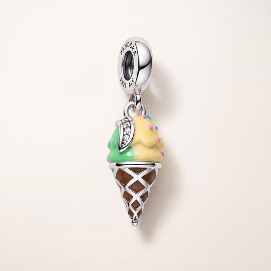 Ice Cream Cone Charm in 925 sterling silver with enamel and sparkling stones, fits European-style charm bracelets