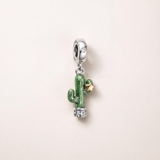 Cactus Dangle Charm in 925 sterling silver with green and gold enamel and sparkling stones