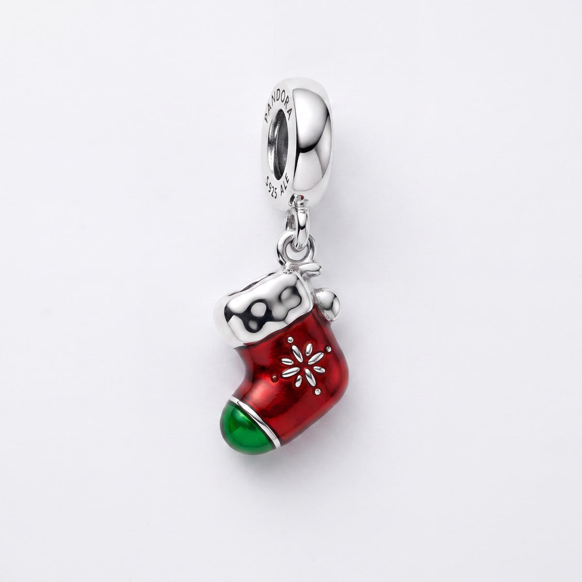 Christmas Stocking Charm in 925 sterling silver with red and green enamel, fits European-style charm bracelets