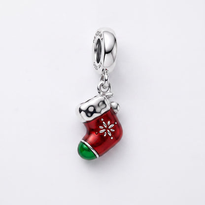 Christmas Stocking Charm in 925 sterling silver with red and green enamel, fits European-style charm bracelets