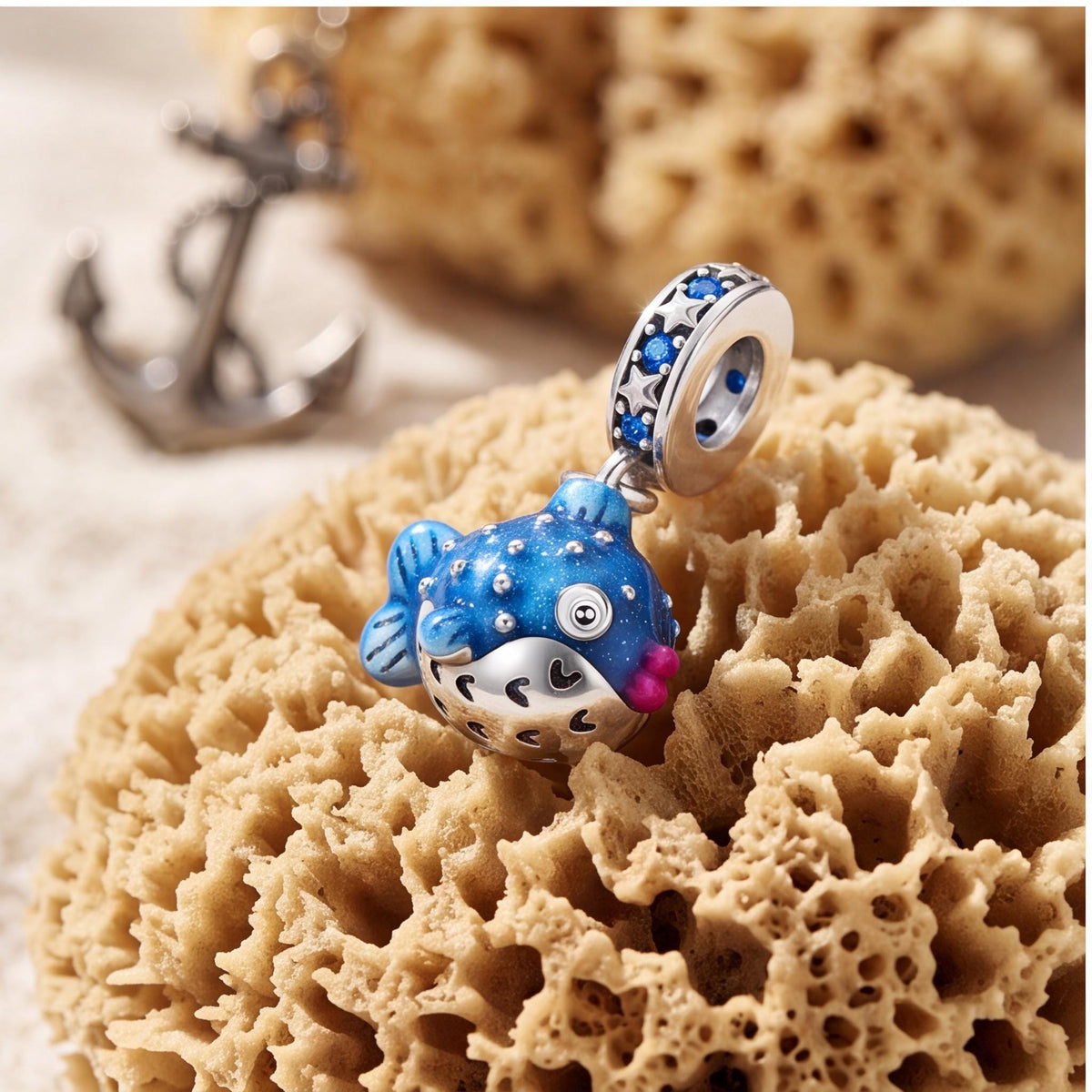 Puffer Fish Dangle Charm on a silver charm bracelet