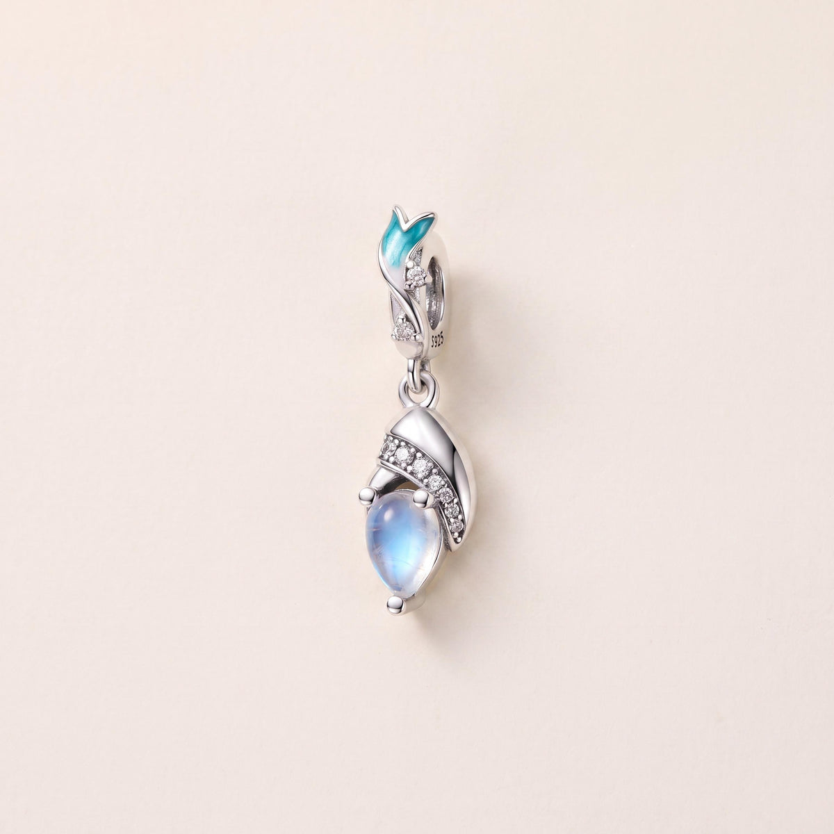Moonstone Leaf Dangle in 925 sterling silver with blue enamel and sparkling stones, fits European-style charm bracelets