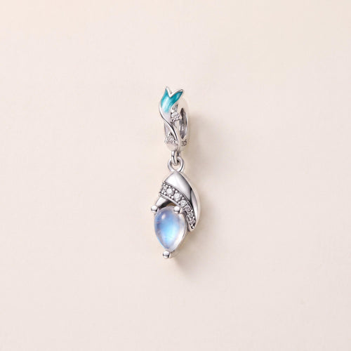 Moonstone Leaf Dangle in 925 sterling silver with blue enamel and sparkling stones, fits European-style charm bracelets