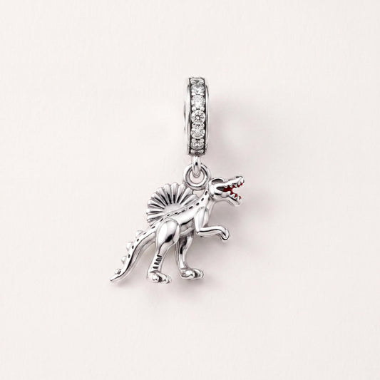 Spinosaurus Dinosaur Charm in 925 sterling silver with red enamel and sparkling stones, fits European-style charm bracelets