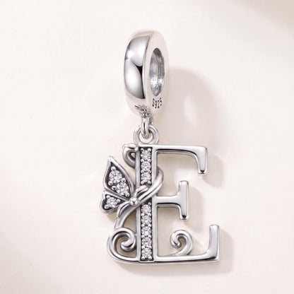 Letter E Butterfly Charm in 925 sterling silver with sparkling stones, fits European-style charm bracelets