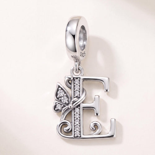 Letter E Butterfly Charm in 925 sterling silver with sparkling stones, fits European-style charm bracelets