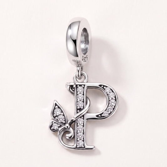 Letter P Butterfly Charm in 925 sterling silver with sparkling stones, fits European-style charm bracelets
