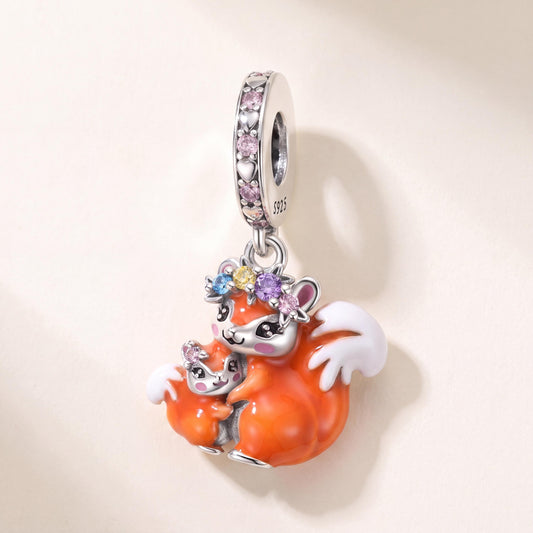 Mama Squirrel Charm in 925 sterling silver with enamel and sparkling stones, fits European-style charm bracelets